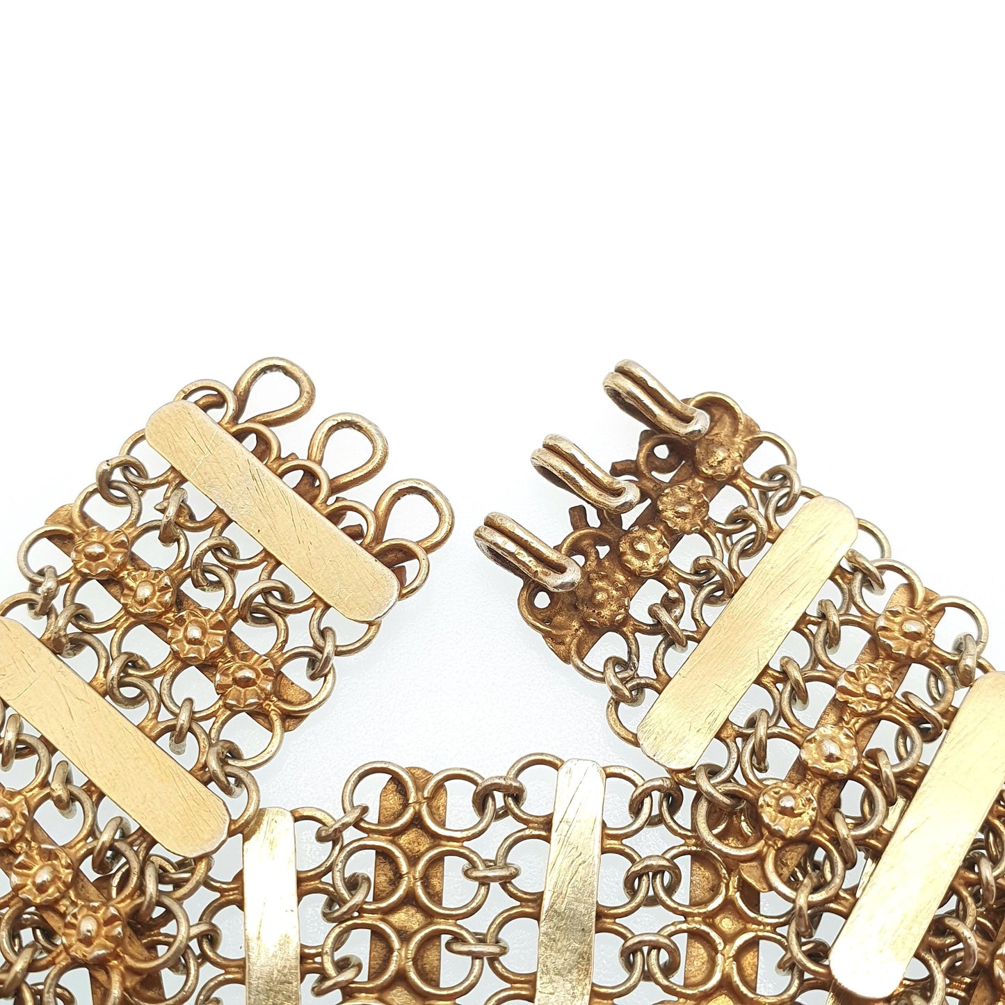 Antique Victorian Gold on Solid Silver Bracelet Gate Link Chainmail Indian Style 25.52g 19cm Flower Womens Jewelry Retro Jewellery