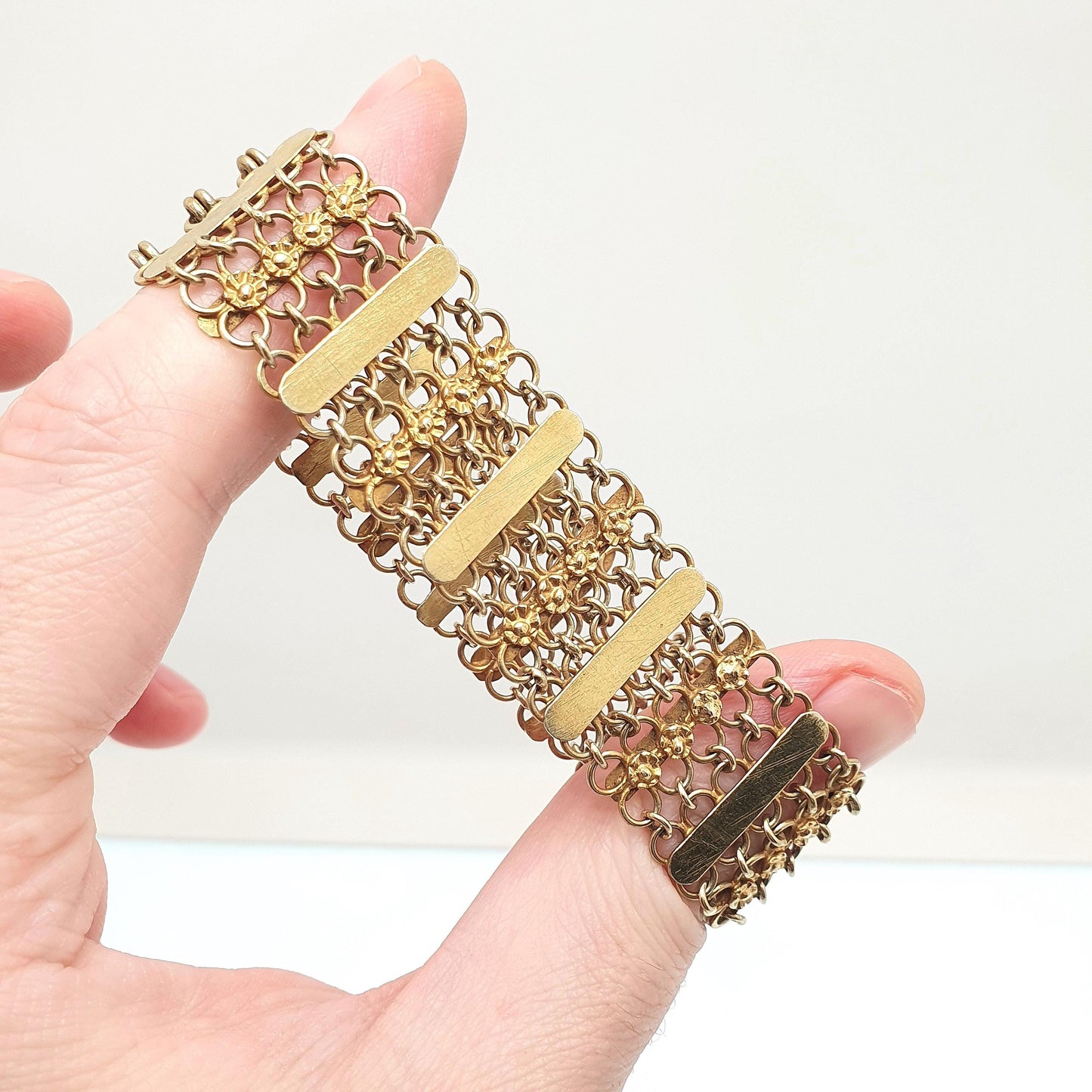Antique Victorian Gold on Solid Silver Bracelet Gate Link Chainmail Indian Style 25.52g 19cm Flower Womens Jewelry Retro Jewellery