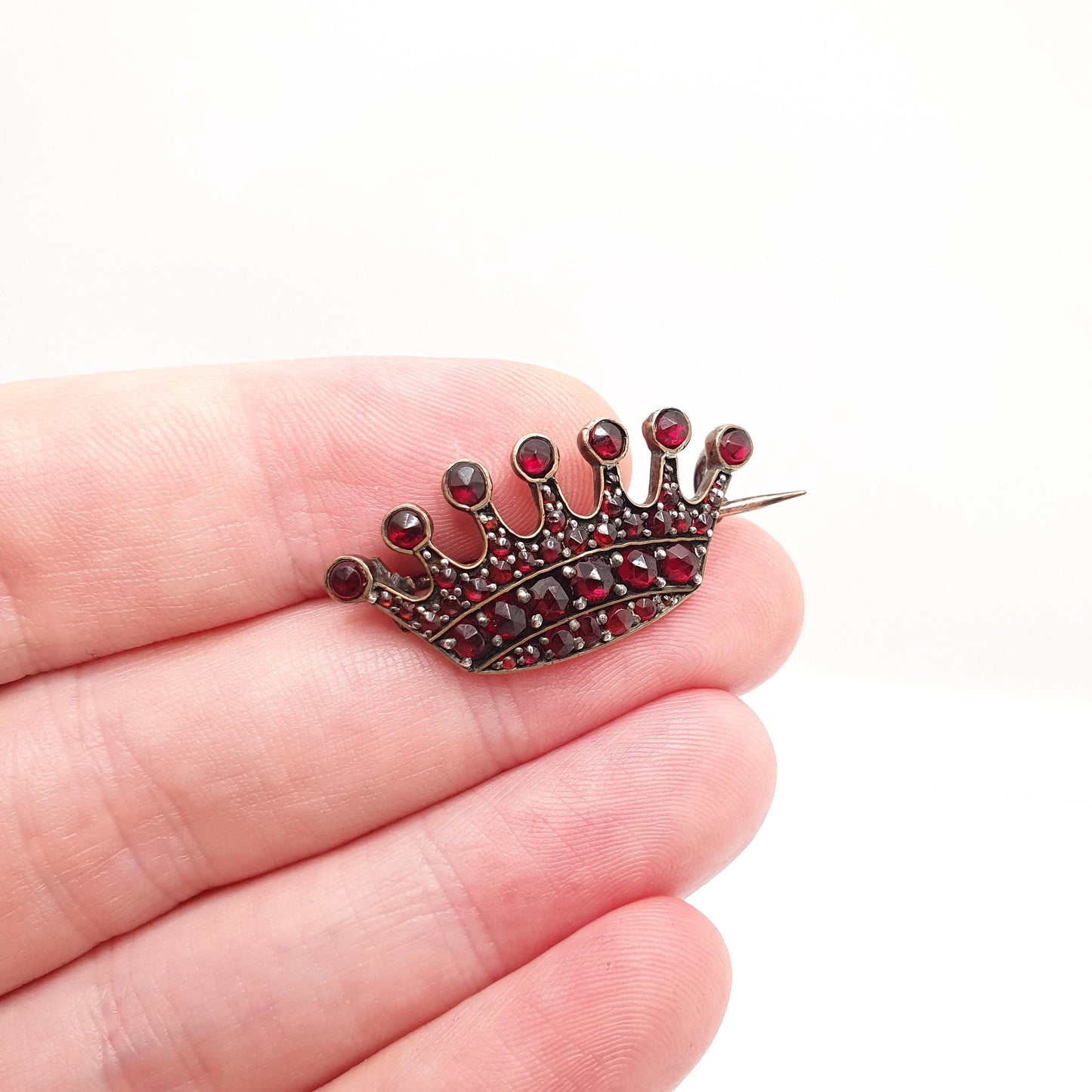 Antique Bohemian Garnet Crown Brooch Victorian Pin Rolled Gold Filled Renaissance Revival King Queen Vintage Womens Jewelry Jewellery