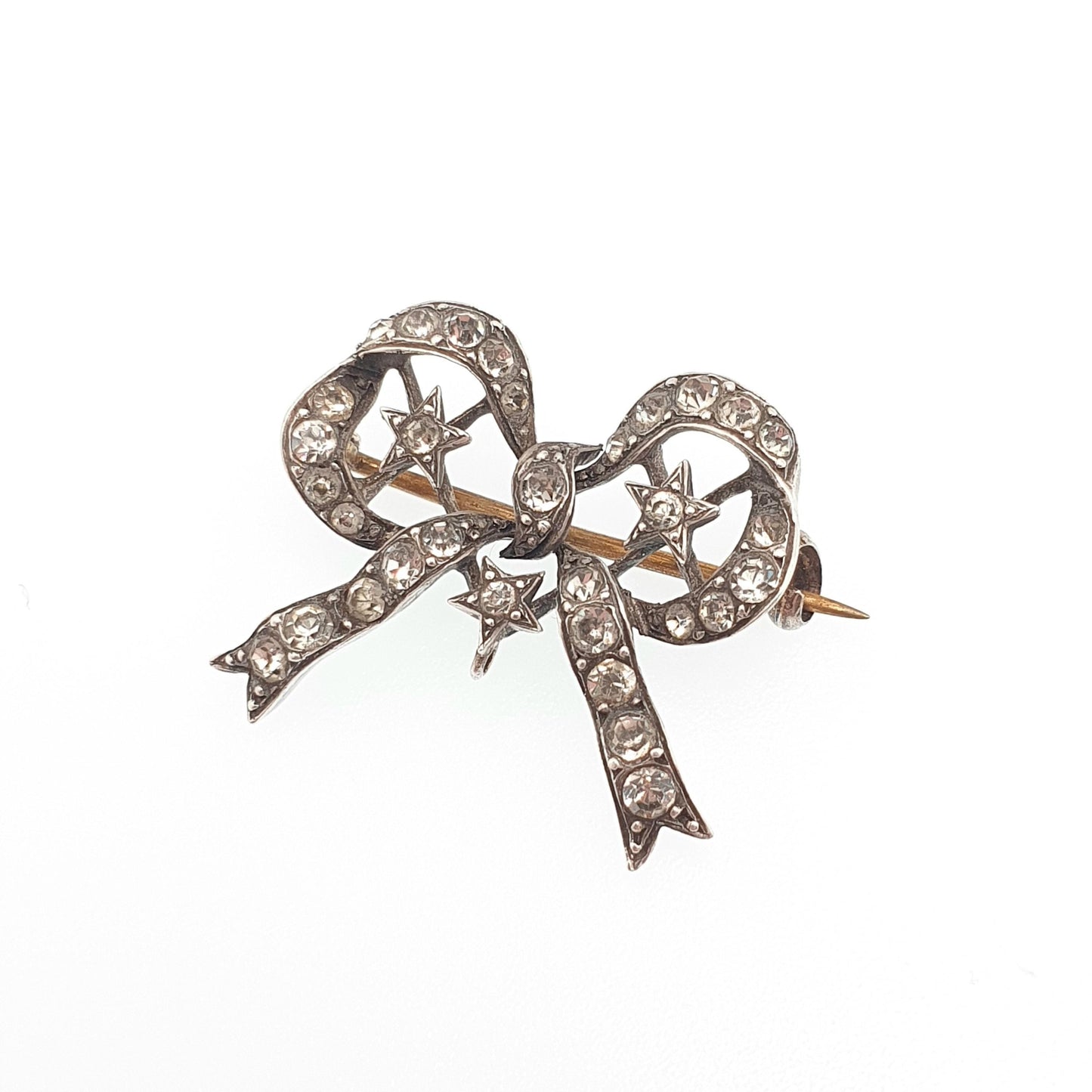 Antique Victorian Paste Sterling Silver Star & Bow Brooch PARISIAN DIAMOND COMPANY Ribbon Diamond Pastes Celestial Jewelry Jewellery Vintage