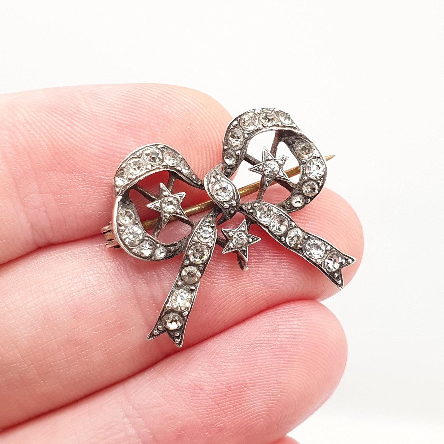 Antique Victorian Paste Sterling Silver Star & Bow Brooch PARISIAN DIAMOND COMPANY Ribbon Diamond Pastes Celestial Jewelry Jewellery Vintage