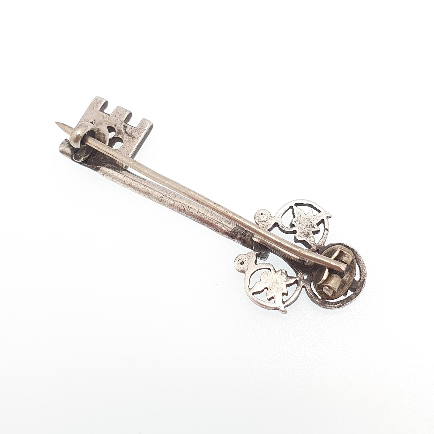 Antique Victorian Solid Silver Key Brooch Clubs Suit Symbol Natural Seed Pearl Sweetheart Lock 1800s Vintage Jewellery Jewelry
