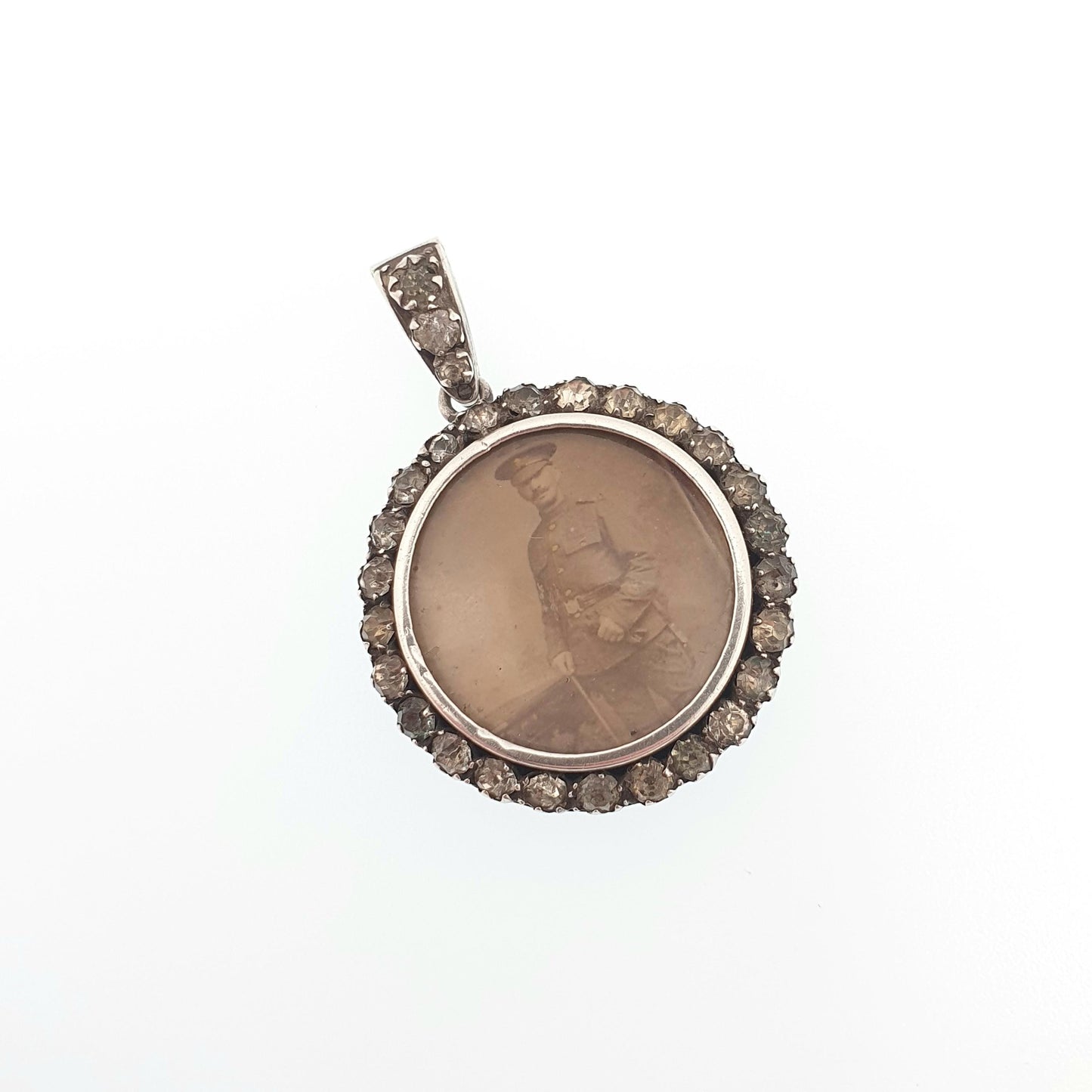 Antique Solid Silver Diamond Paste Locket Pendant Round Small Necklace Picture Photo Double Sided Soldier Jewelry