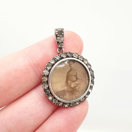 Antique Solid Silver Diamond Paste Locket Pendant Round Small Necklace Picture Photo Double Sided Soldier Jewelry