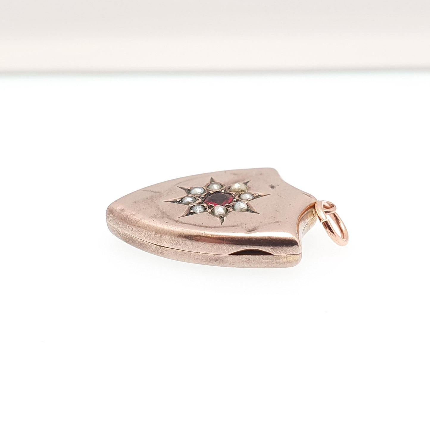 Antique Victorian 9ct Rose Gold Seed Pearl & Garnet Shield Locket Necklace Pendant Solid 375 9k Gold Front Back Vintage Jewellery Jewelry
