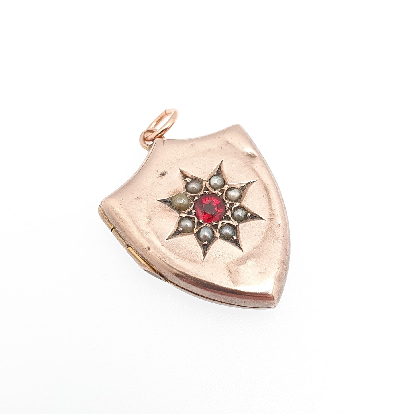 Antique Victorian 9ct Rose Gold Seed Pearl & Garnet Shield Locket Necklace Pendant Solid 375 9k Gold Front Back Vintage Jewellery Jewelry