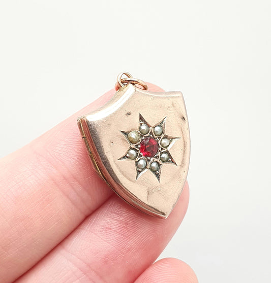 Antique Victorian 9ct Rose Gold Seed Pearl & Garnet Shield Locket Necklace Pendant Solid 375 9k Gold Front Back Vintage Jewellery Jewelry