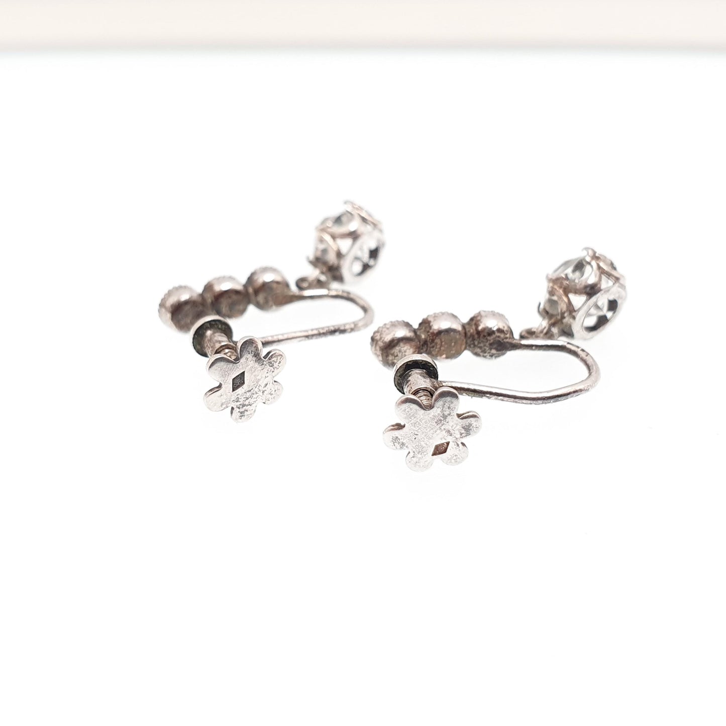 Antique Solid Silver Diamond Paste Earrings Art Deco Hanging Drop Round Cut Screw Back Sparkly White Vintage Jewelry Jewellery