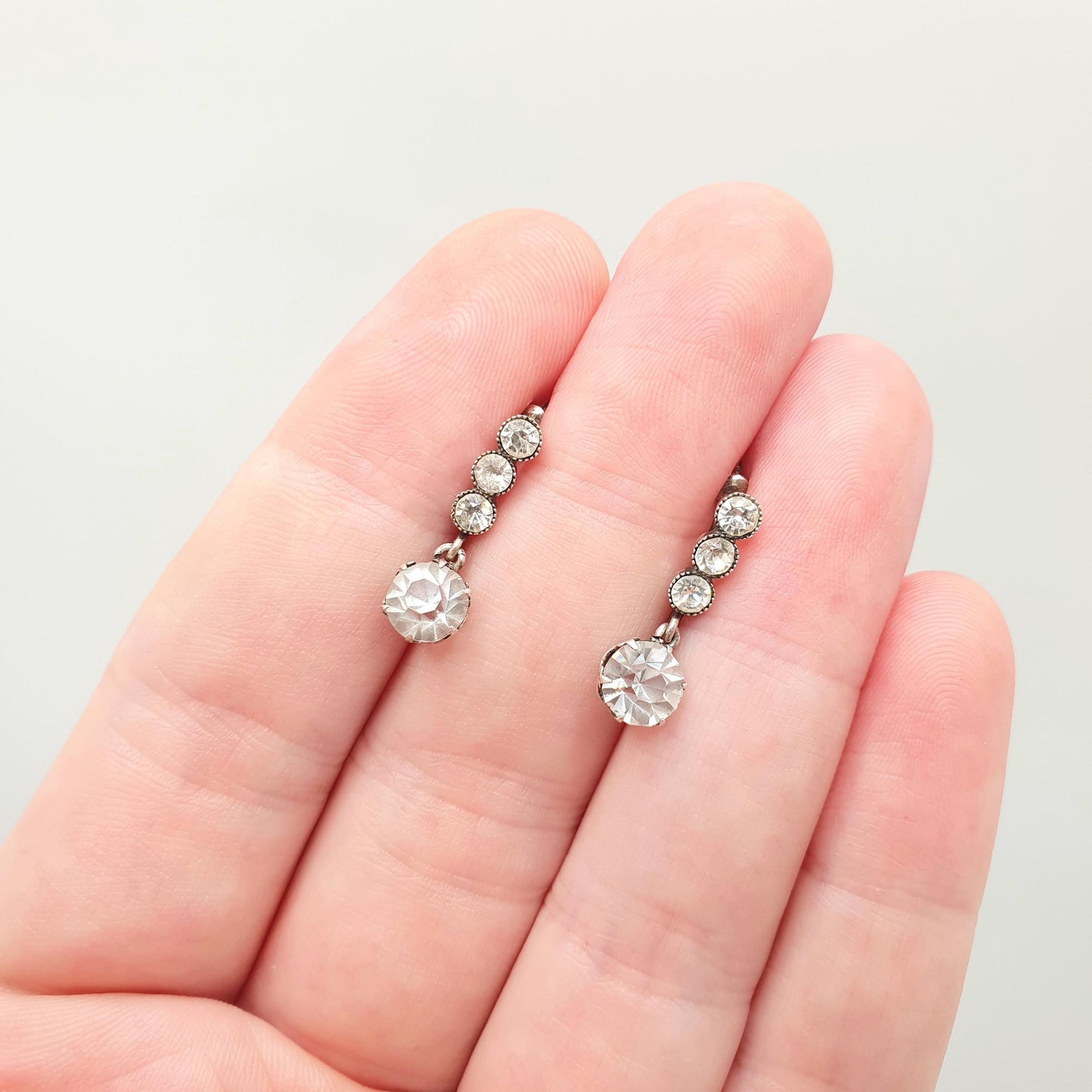 Antique Solid Silver Diamond Paste Earrings Art Deco Hanging Drop Round Cut Screw Back Sparkly White Vintage Jewelry Jewellery