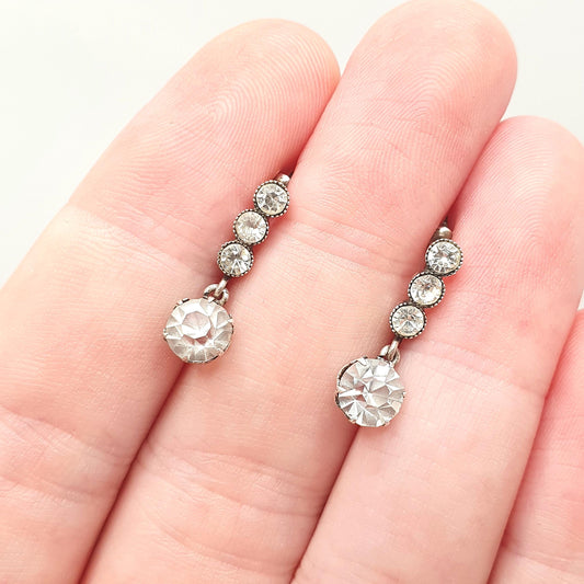 Antique Solid Silver Diamond Paste Earrings Art Deco Hanging Drop Round Cut Screw Back Sparkly White Vintage Jewelry Jewellery