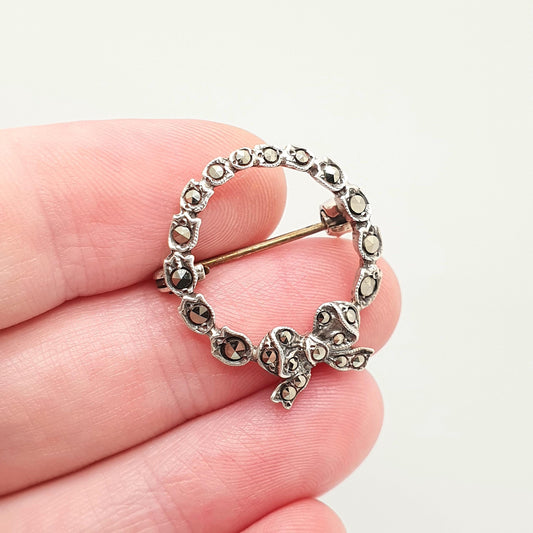 Antique Art Deco Sterling Silver Bow Brooch Marcasite Pin Ribbon Wreath 1920s Vintage Fine Womens Jewelry Jewwellery