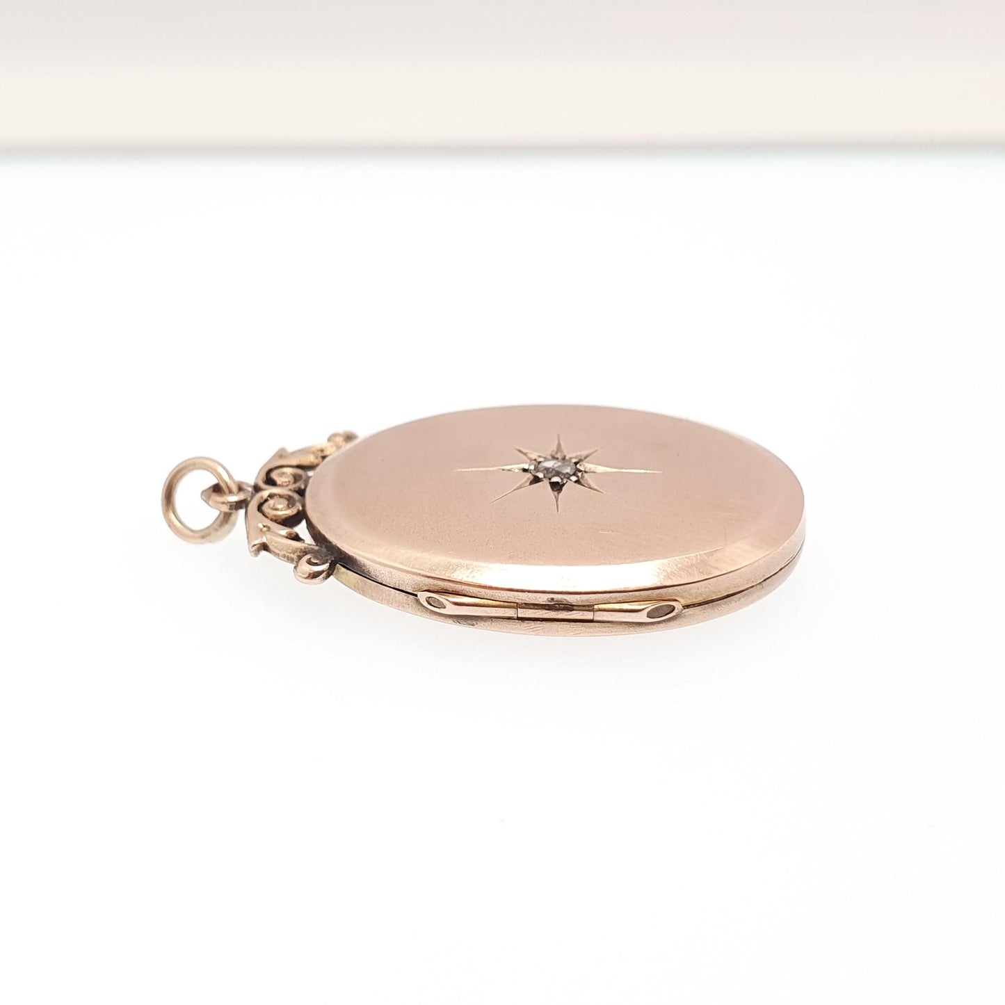 Antique 9ct 9k Rose Gold Diamond Locket Pendant Star Oval Solid 375 Fine Estate Back & Front Necklace Jewelry Womens Jewellery