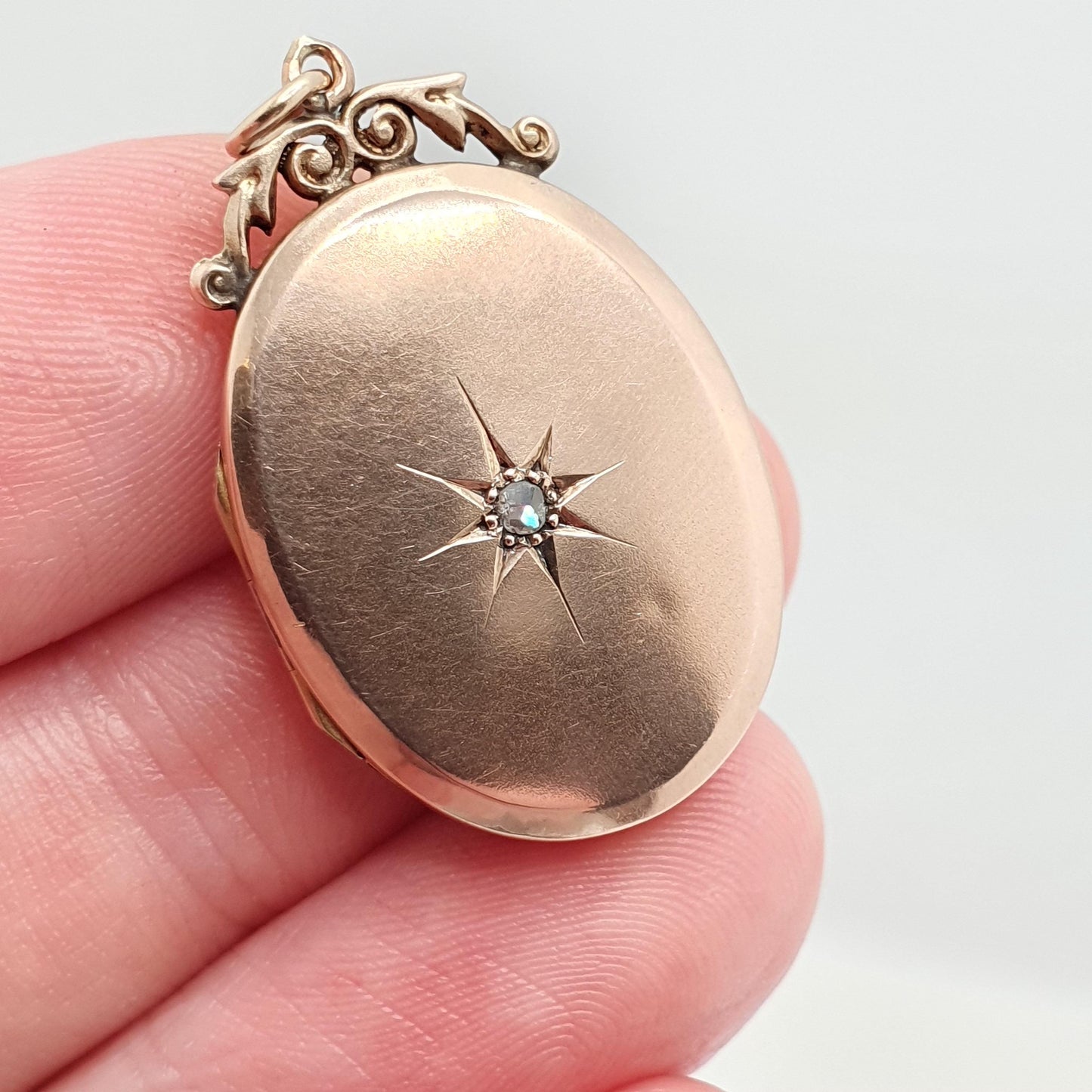 Antique 9ct 9k Rose Gold Diamond Locket Pendant Star Oval Solid 375 Fine Estate Back & Front Necklace Jewelry Womens Jewellery