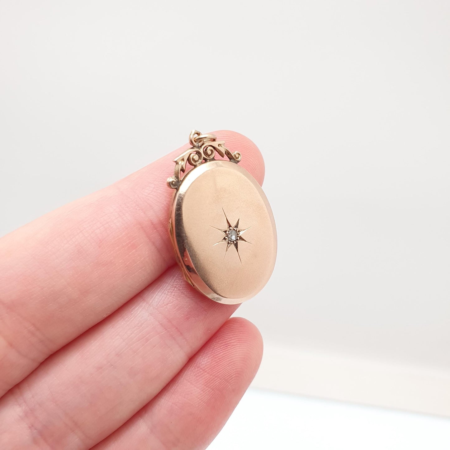 Antique 9ct 9k Rose Gold Diamond Locket Pendant Star Oval Solid 375 Fine Estate Back & Front Necklace Jewelry Womens Jewellery