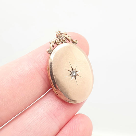 Antique 9ct 9k Rose Gold Diamond Locket Pendant Star Oval Solid 375 Fine Estate Back & Front Necklace Jewelry Womens Jewellery