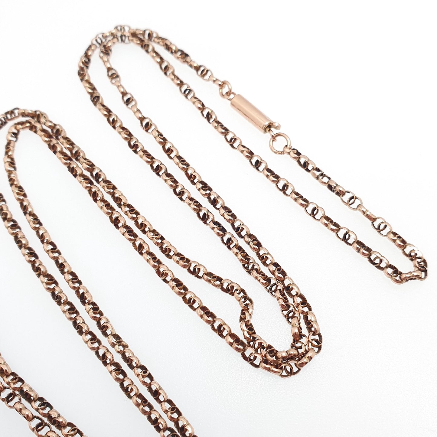 Antique Victorian 9ct Gold Muff Chain Necklace Figure 8 Link Infinity Solid 9k 375 Rose Gold Guard 100cm 8.77g Long Vintage