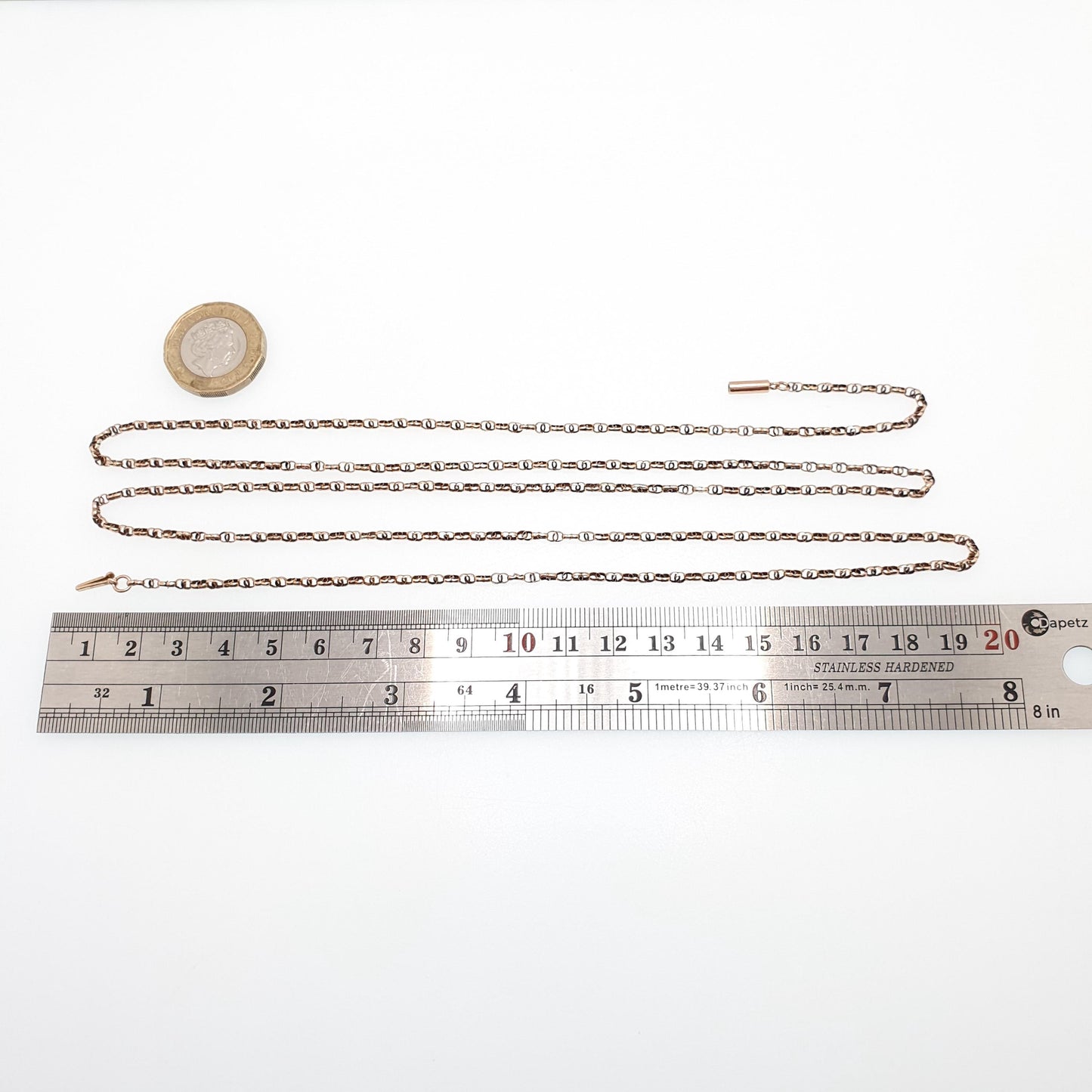 Antique Victorian 9ct Gold Muff Chain Necklace Figure 8 Link Infinity Solid 9k 375 Rose Gold Guard 100cm 8.77g Long Vintage