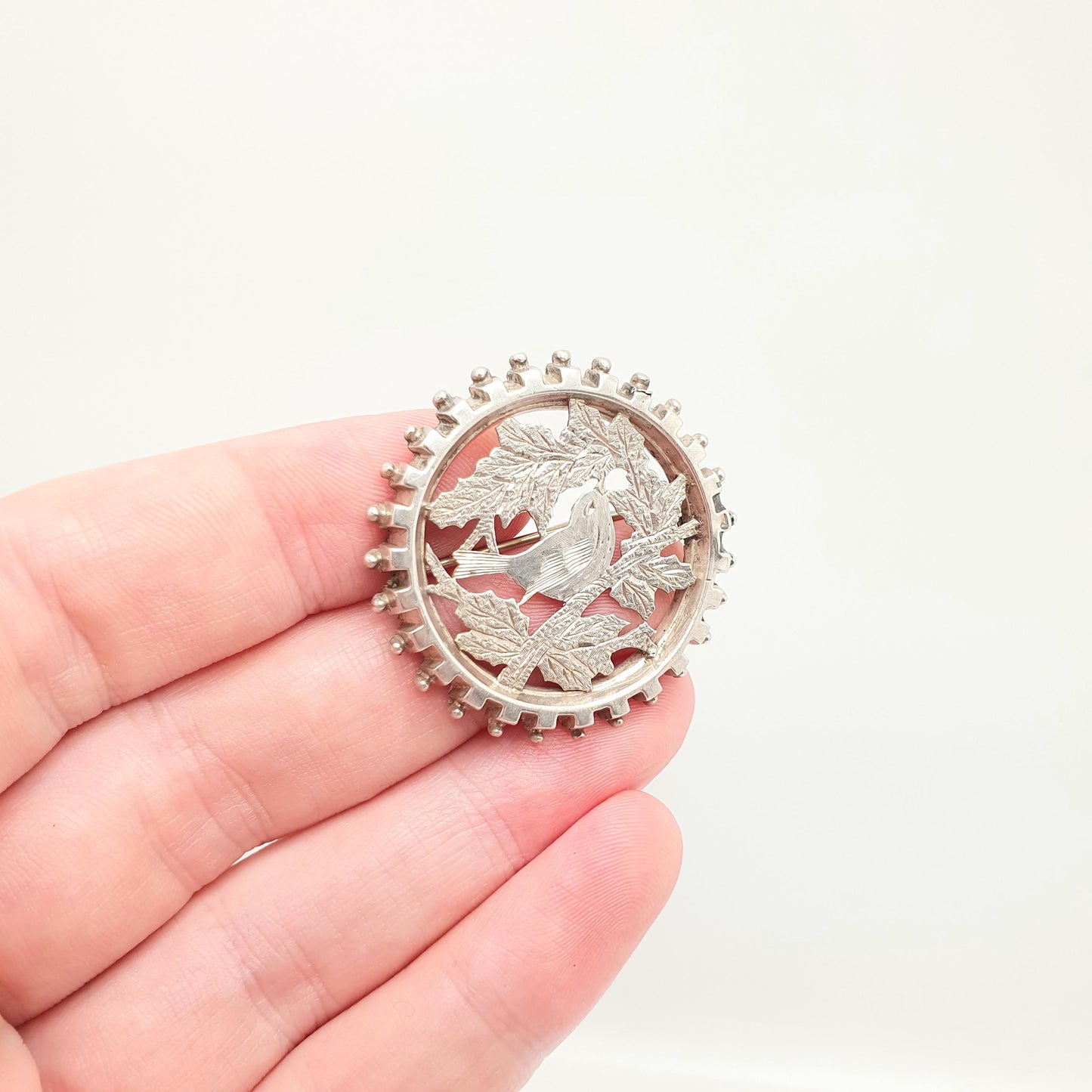 Antique Victorian Solid Silver Bird Brooch Etruscan Wheel Pin Sweetheart Good Luck Vintage Jewelry Jewellery