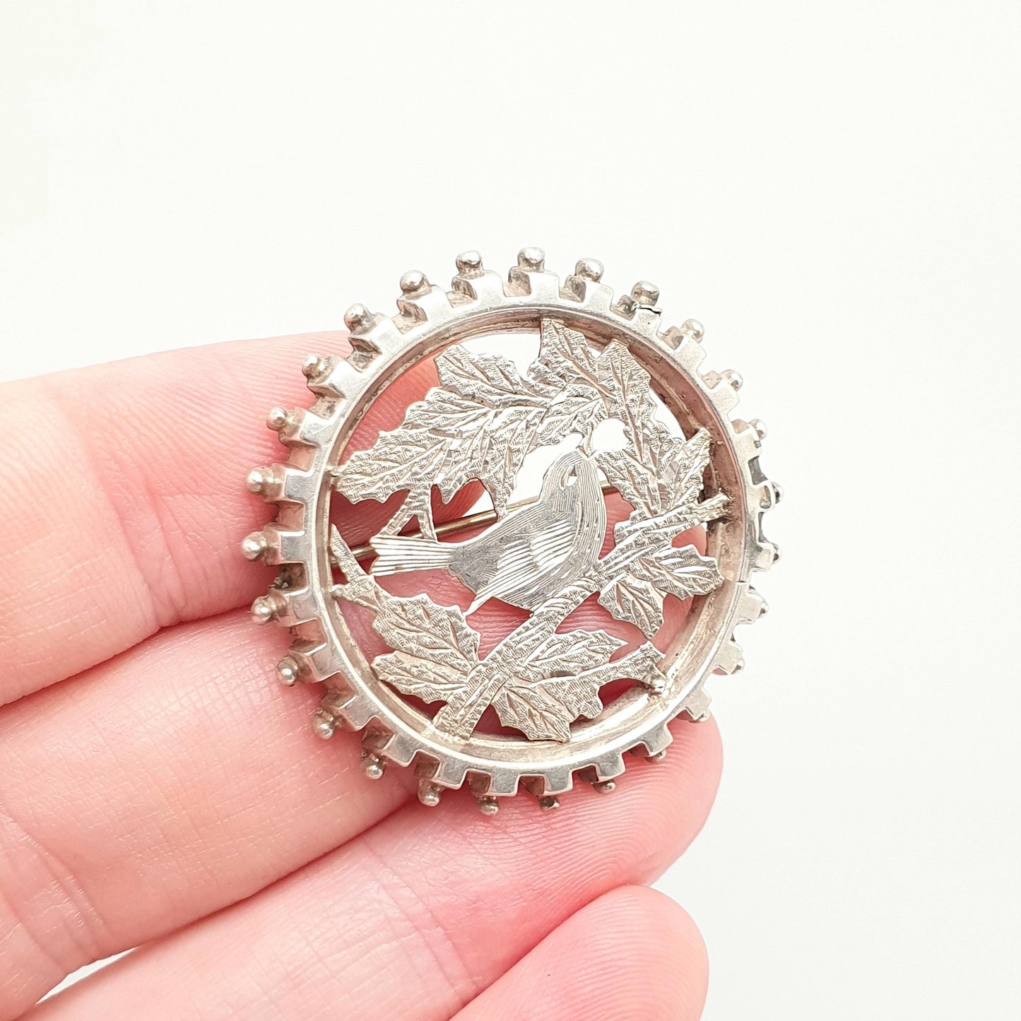 Antique Victorian Solid Silver Bird Brooch Etruscan Wheel Pin Sweetheart Good Luck Vintage Jewelry Jewellery