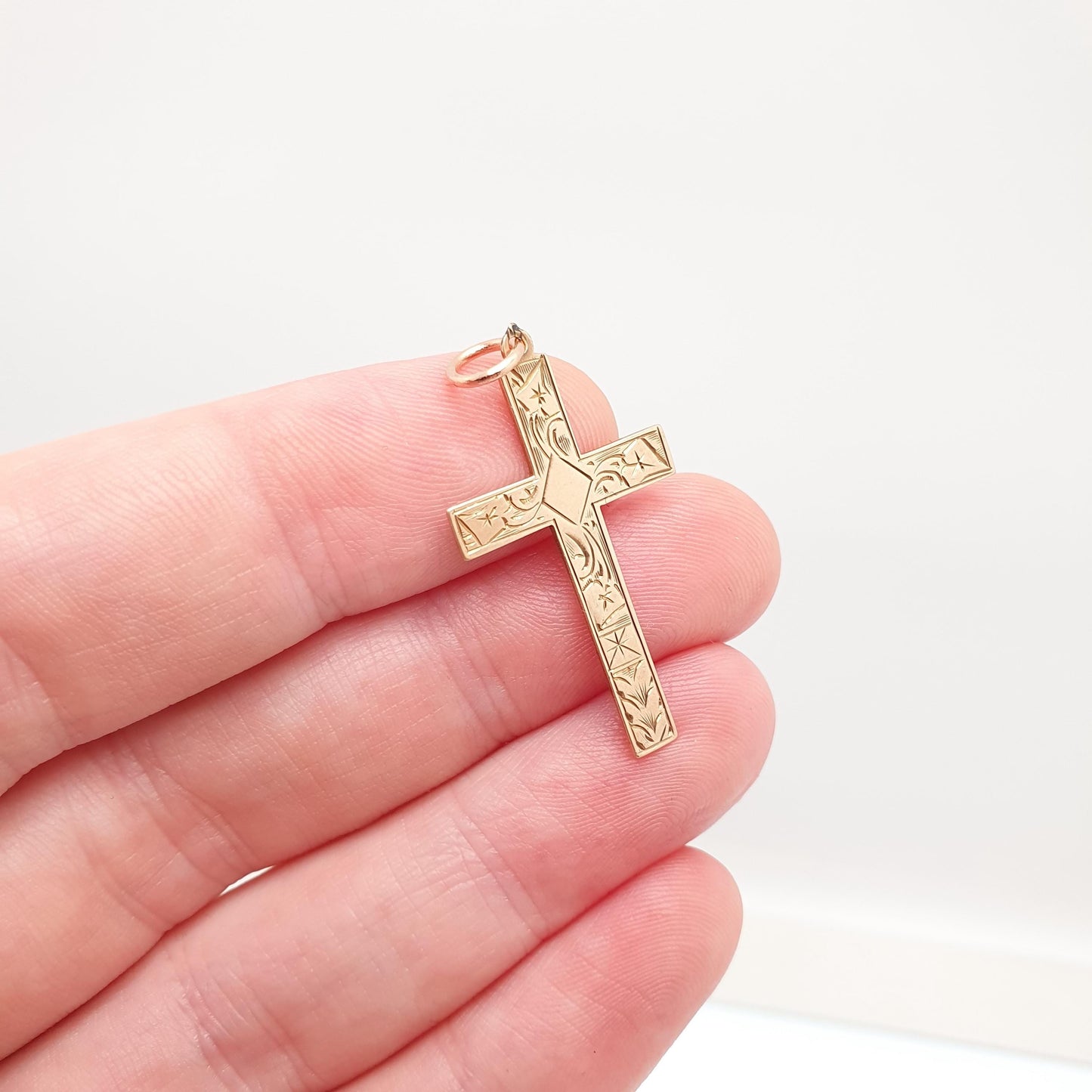 Antique 9ct 9k Rose Gold Crucifix Necklace Cross Pendant Engraved Solid 375 9kt Vintage Womens Mens Jewellery Jewelry