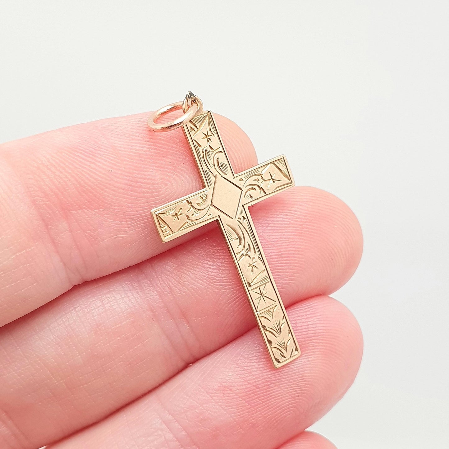 Antique 9ct 9k Rose Gold Crucifix Necklace Cross Pendant Engraved Solid 375 9kt Vintage Womens Mens Jewellery Jewelry