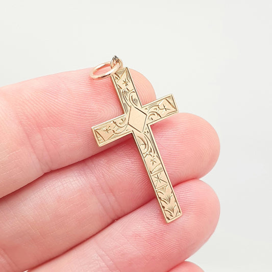 Antique 9ct 9k Rose Gold Crucifix Necklace Cross Pendant Engraved Solid 375 9kt Vintage Womens Mens Jewellery Jewelry