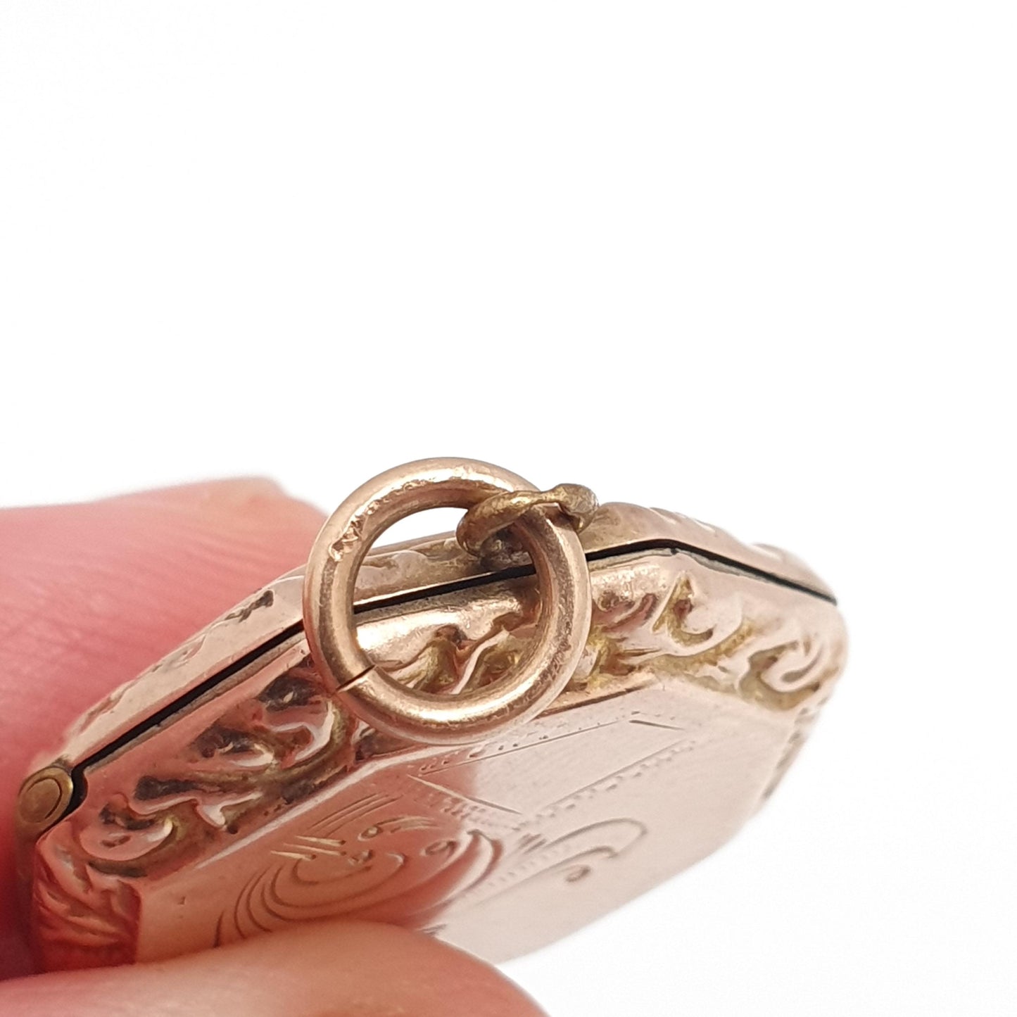 Antique 9ct 9k Gold Octagonal Locket Pendant Rose Gold Engraved Solid 375 9kt Back & Front Picture Photo Vintage Necklace