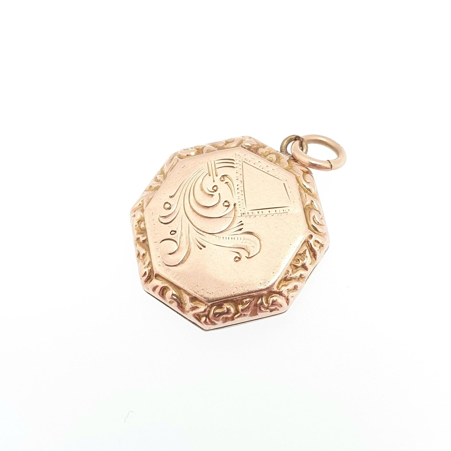 Antique 9ct 9k Gold Octagonal Locket Pendant Rose Gold Engraved Solid 375 9kt Back & Front Picture Photo Vintage Necklace