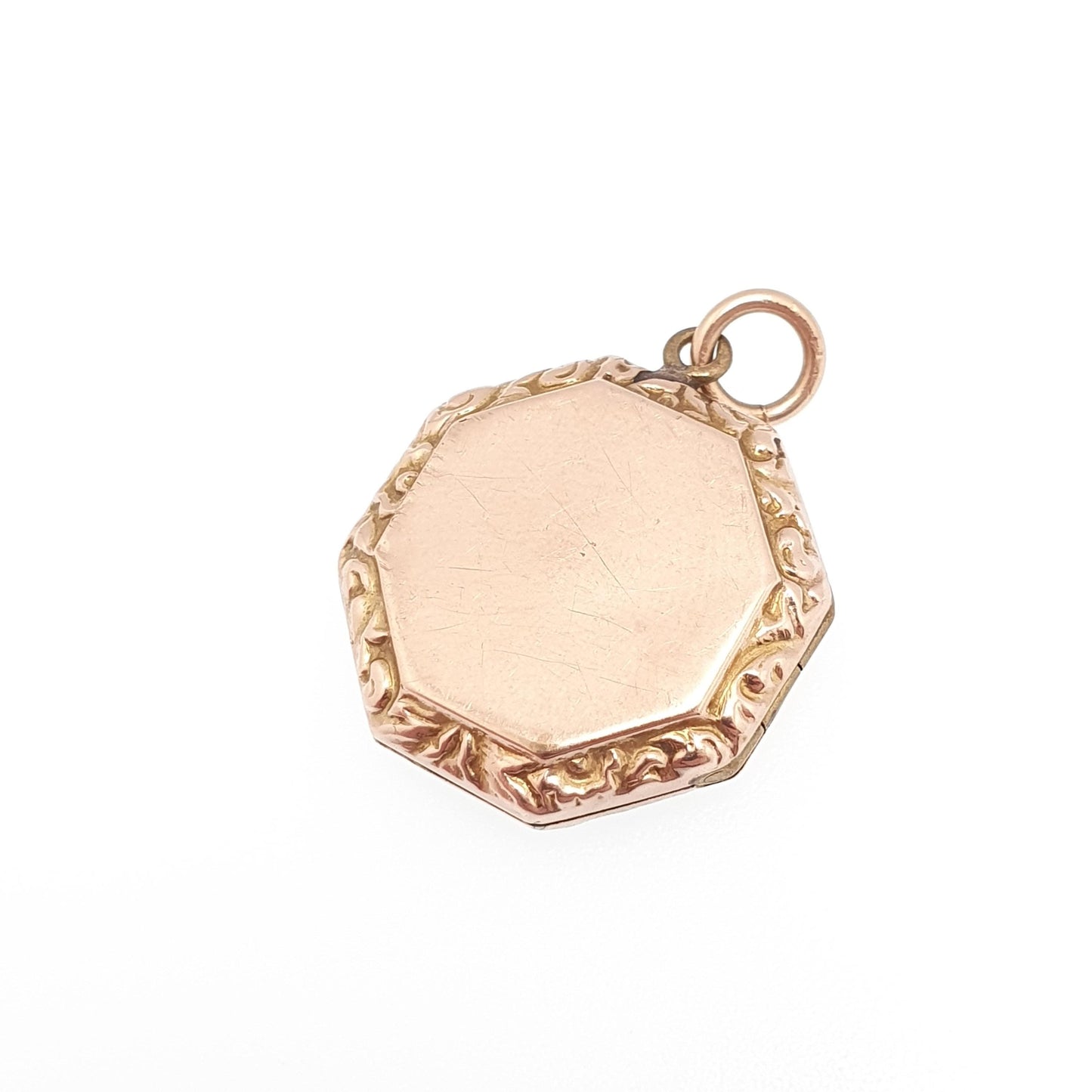 Antique 9ct 9k Gold Octagonal Locket Pendant Rose Gold Engraved Solid 375 9kt Back & Front Picture Photo Vintage Necklace