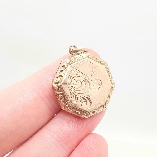 Antique 9ct 9k Gold Octagonal Locket Pendant Rose Gold Engraved Solid 375 9kt Back & Front Picture Photo Vintage Necklace