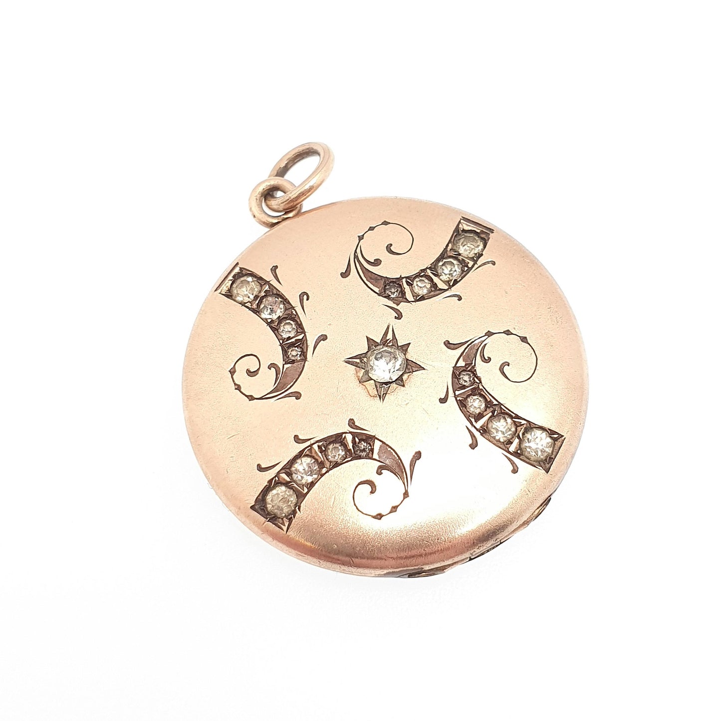 Antique Rolled Gold Filled Diamond Paste Locket Scroll Sparkly Round Circle Photo Womens Vintage Jewelry Jewellery