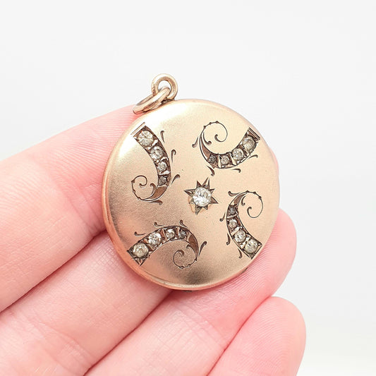 Antique Rolled Gold Filled Diamond Paste Locket Scroll Sparkly Round Circle Photo Womens Vintage Jewelry Jewellery