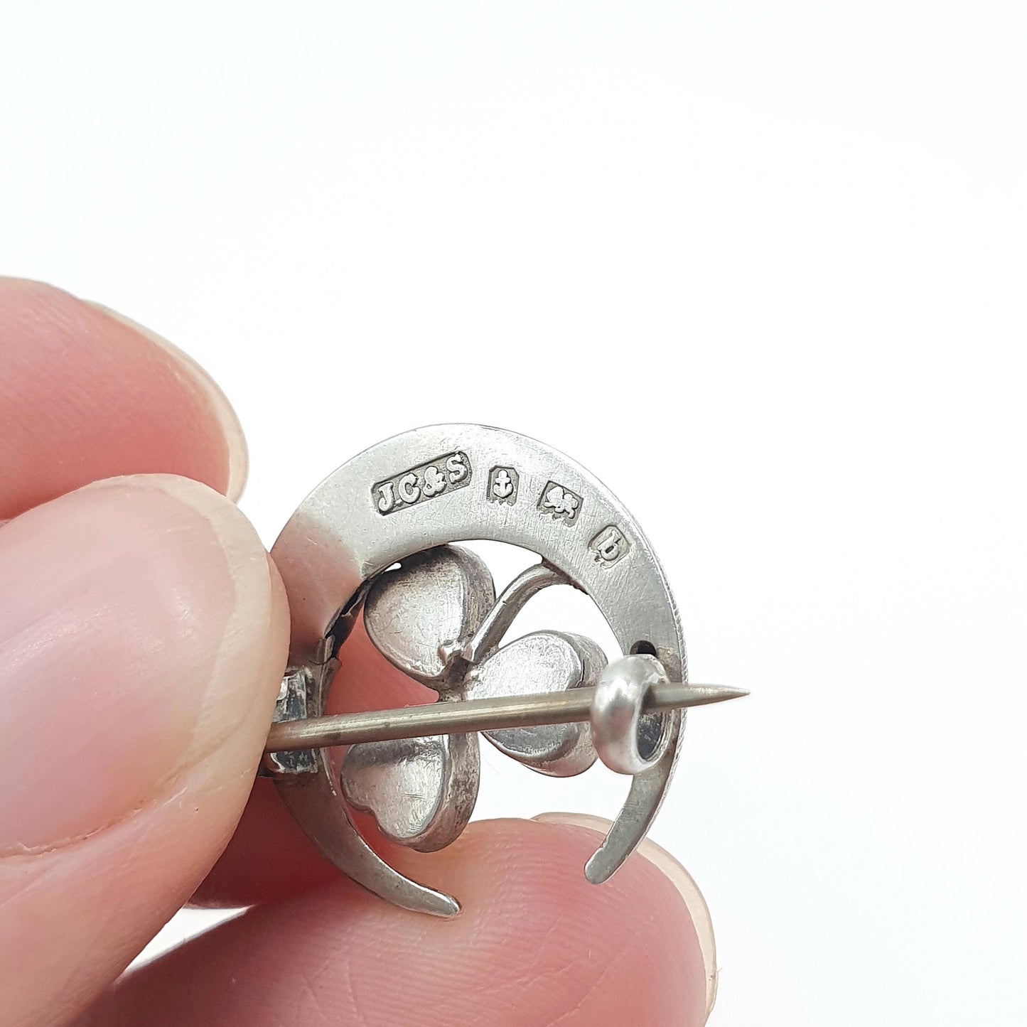 Antique Sterling Silver Connemara Marble Clover Crescent Moon Brooch Womens Jewellery Irish Pin Celtic Lucky Jewelry