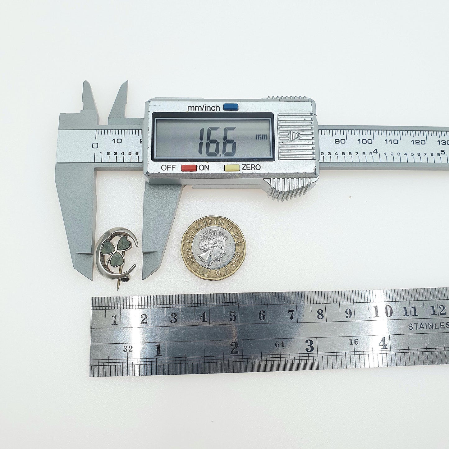 Antique Sterling Silver Connemara Marble Clover Crescent Moon Brooch Womens Jewellery Irish Pin Celtic Lucky Jewelry