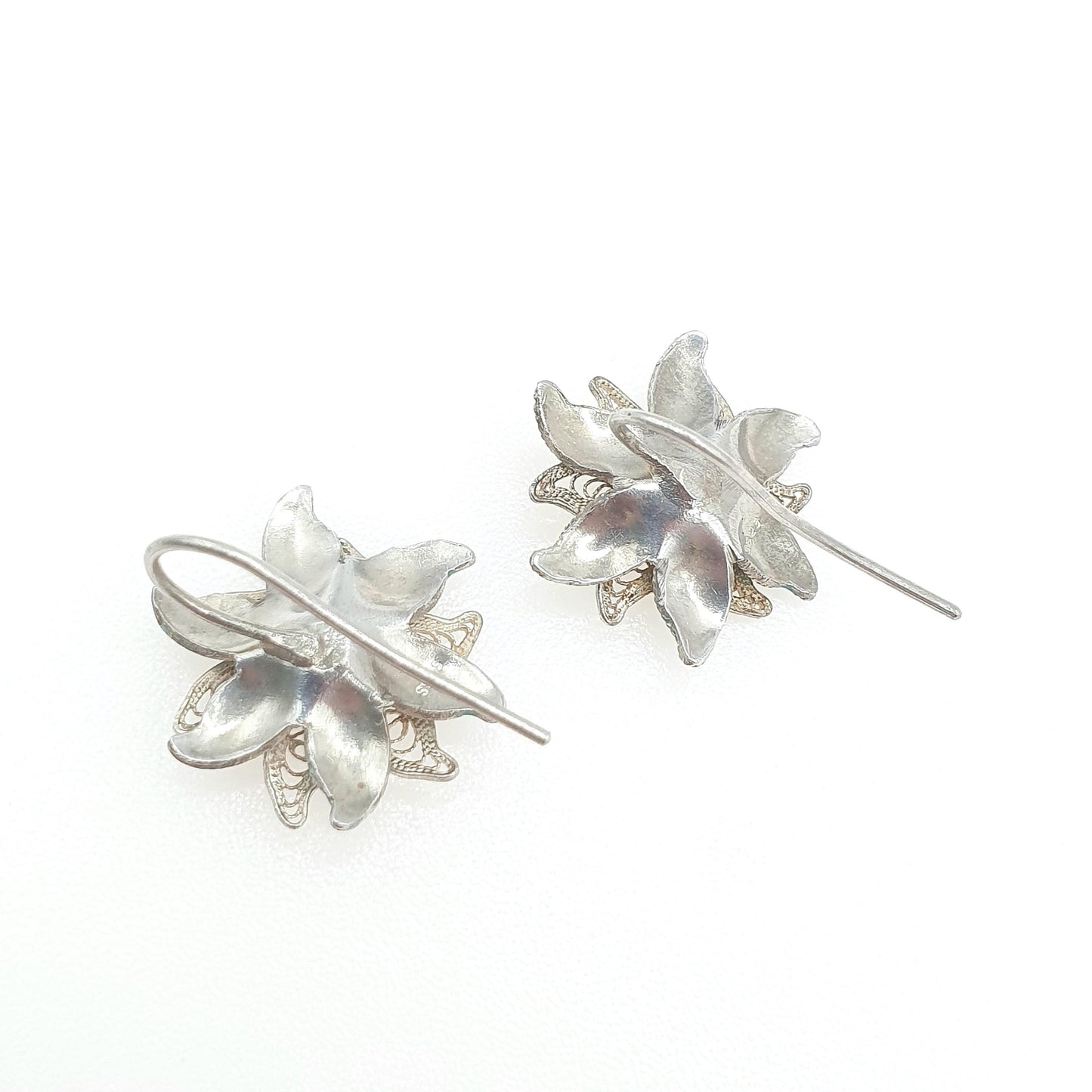 Vintage Sterling Silver Enamel Filigree Flower Hook Earrings Womens Vintage Green Blue Jewelry Jewellery