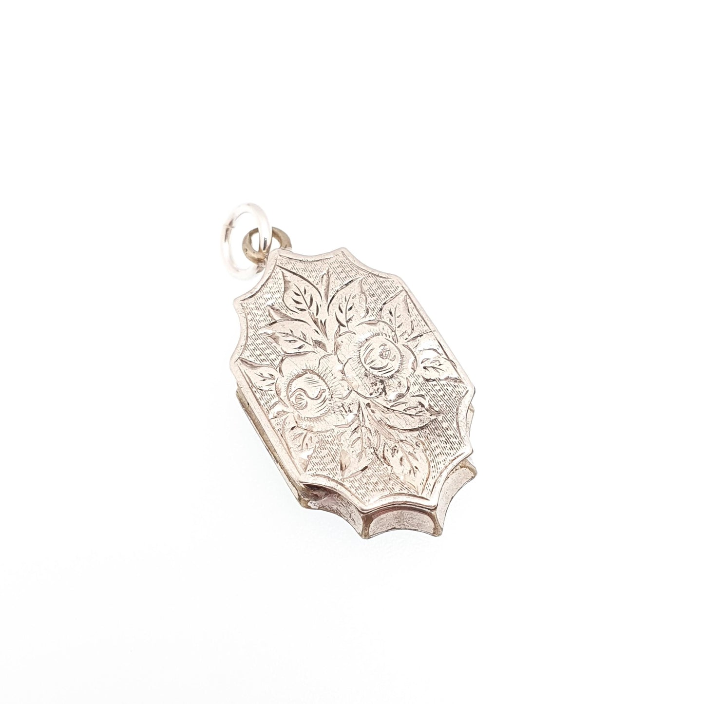 Antique Victorian Solid Silver Locket Flower Basket Engraved Back and Front Oval Pendant Picture Photo Vintage Womens Jewelry Jewellery
