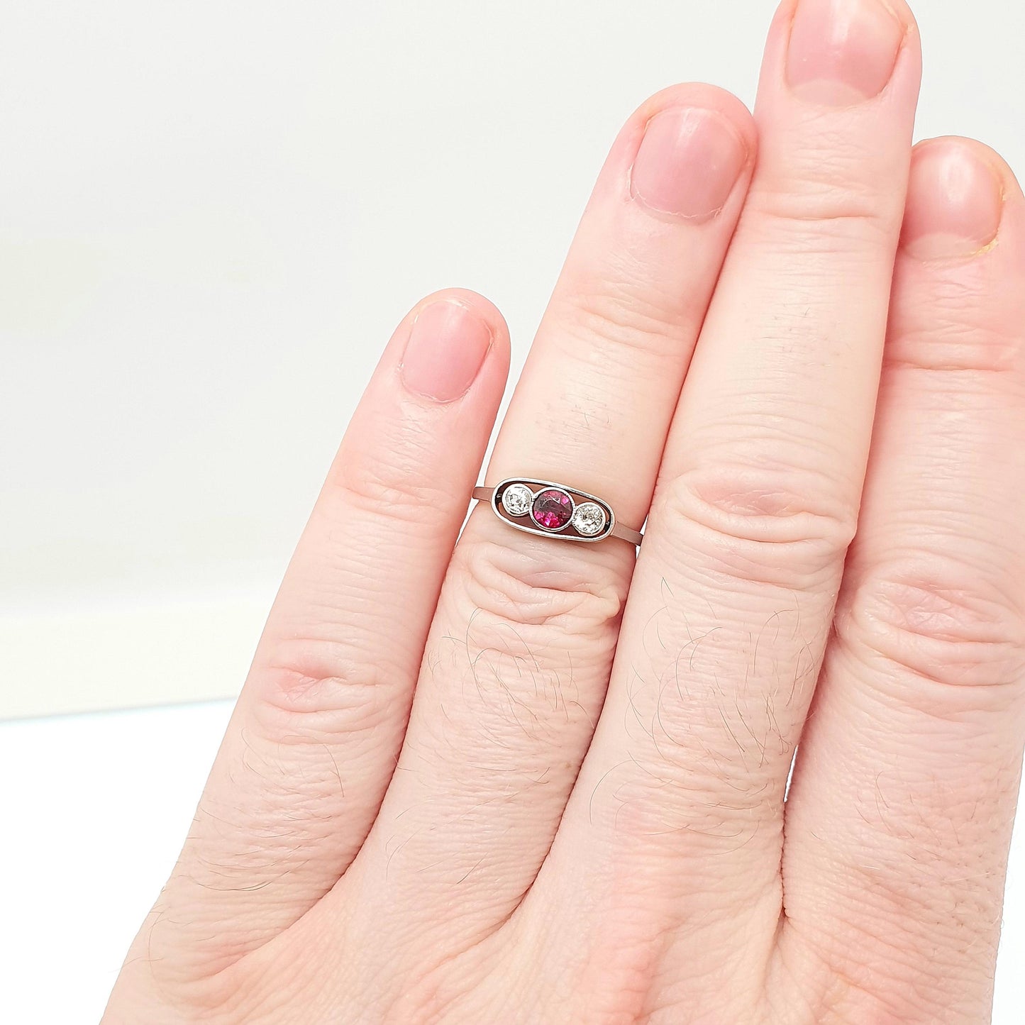 Antique 18ct Gold Natural Ruby & Diamond Ring Art Deco Solid 750 Trilogy 1920s Vintage Jewelry Jewellery