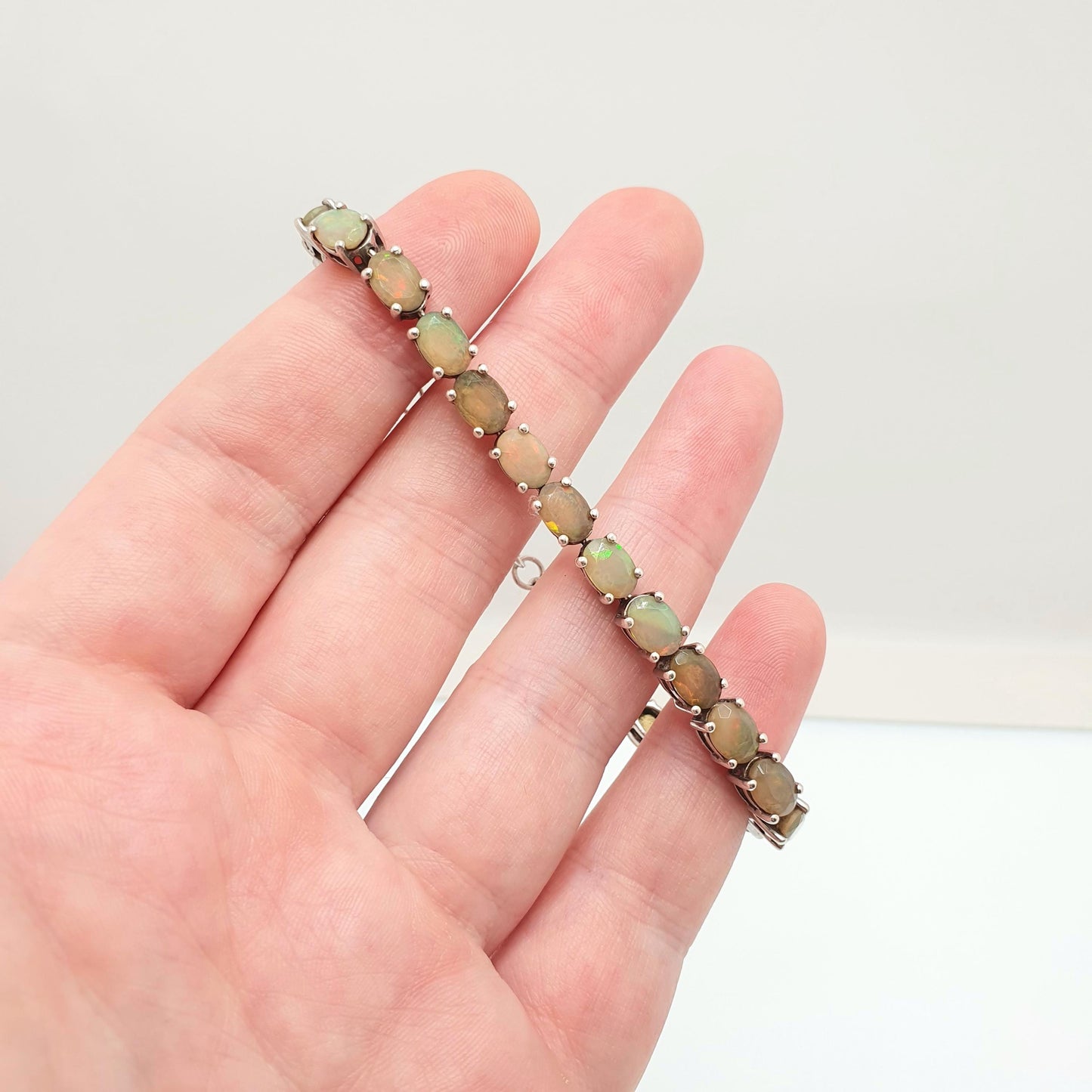 Vintage Sterling Silver Opal Tennis Bracelet Solid 925 TGGC Oval Cut Ladies Womens Jewelry Retro Jewellery