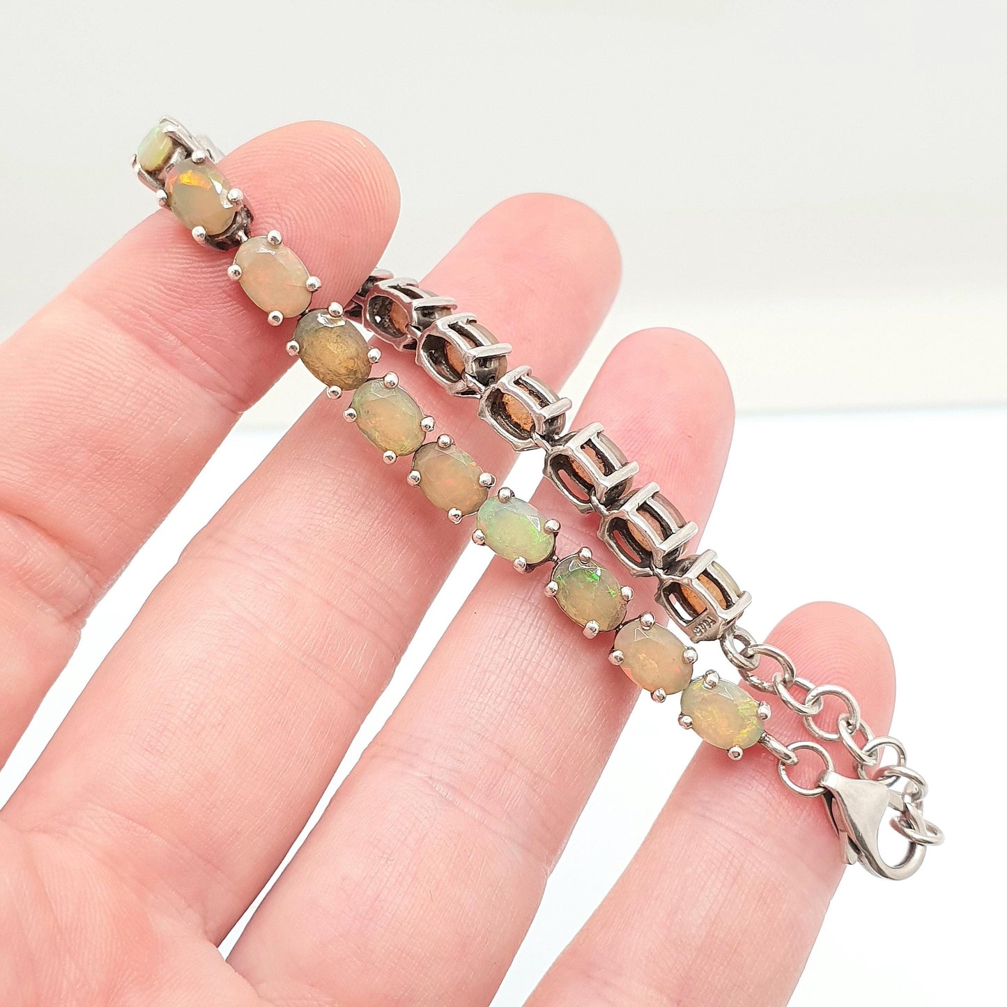 Vintage Sterling Silver Opal Tennis Bracelet Solid 925 TGGC Oval Cut Ladies Womens Jewelry Retro Jewellery