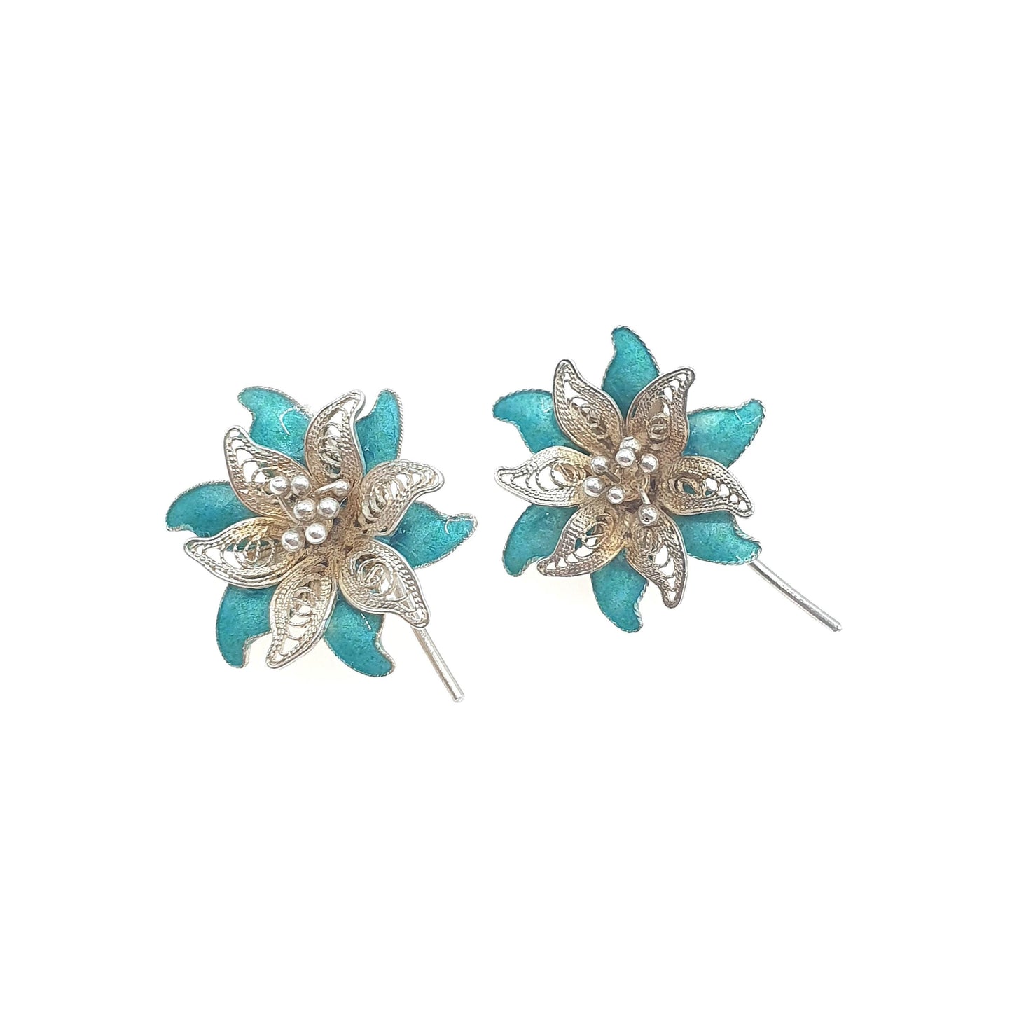 Vintage Sterling Silver Enamel Filigree Flower Hook Earrings Womens Vintage Green Blue Jewelry Jewellery