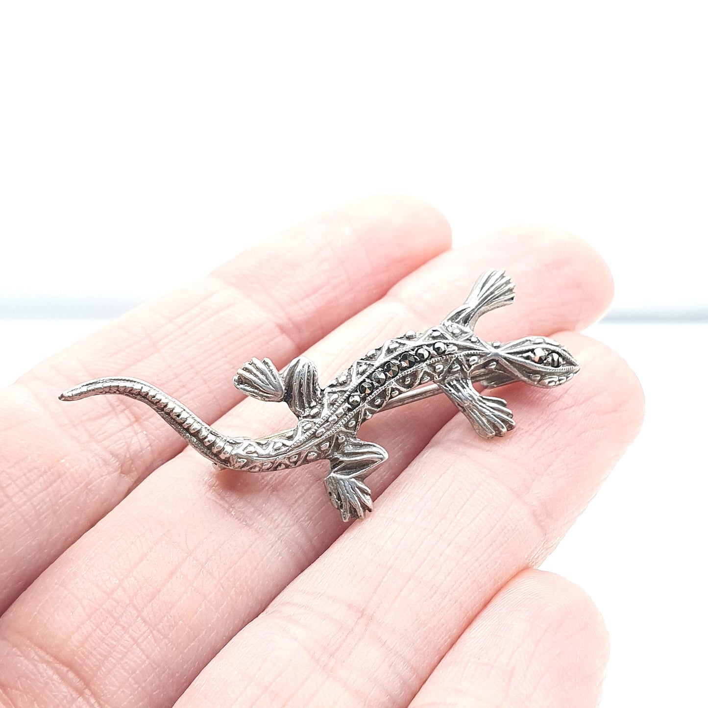 Antique Solid Silver Art Deco Marcasite Lizard Brooch French Silver Hallmarks Womens Reptile Jewelry Jewellery