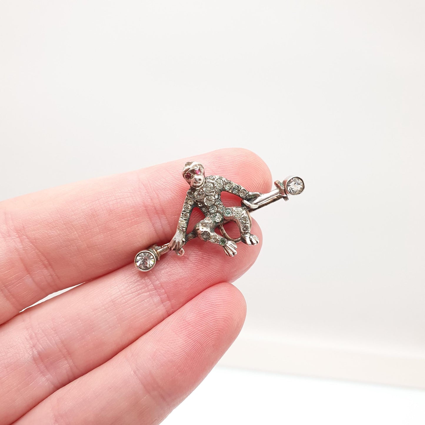 Antique Solid Silver Monkey Brooch Diamond Paste Victorian Ruby Paste Eyes Chimp Ape Vintage Womens Jewelry Jewellery