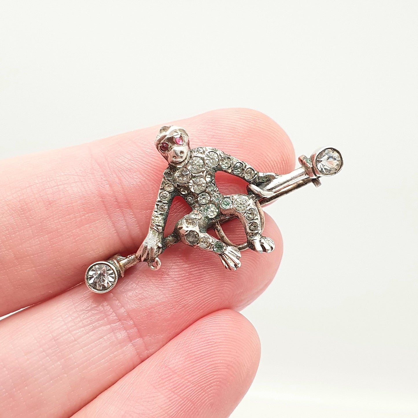 Antique Solid Silver Monkey Brooch Diamond Paste Victorian Ruby Paste Eyes Chimp Ape Vintage Womens Jewelry Jewellery