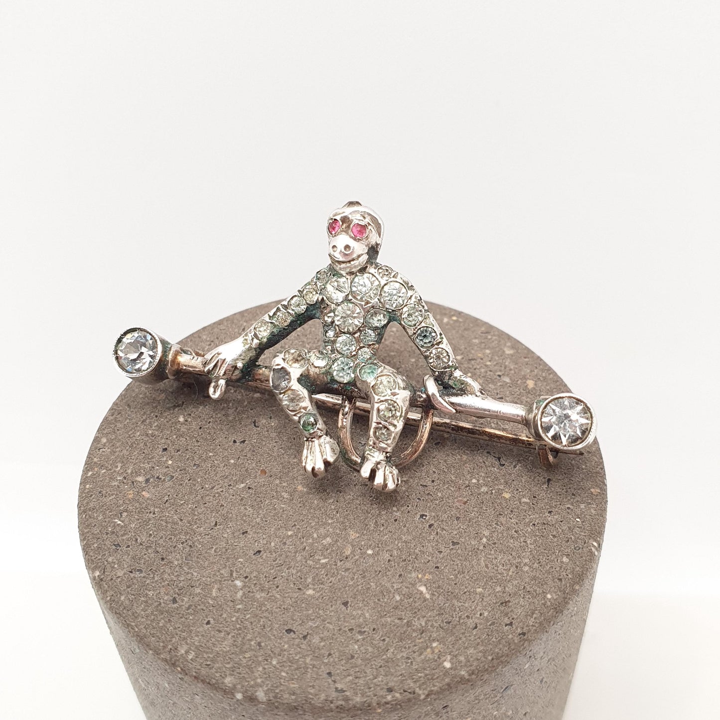 Antique Solid Silver Monkey Brooch Diamond Paste Victorian Ruby Paste Eyes Chimp Ape Vintage Womens Jewelry Jewellery