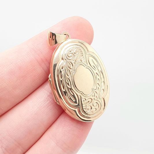 Vintage Solid 9ct 9k Gold Locket Large Oval All 375 9kt Gold Necklace Pendant Engraved Retro Jewelry Womens Jewellery