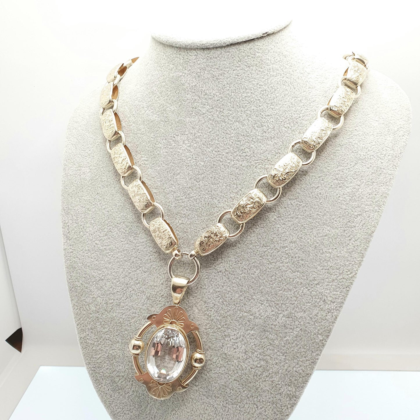 Antique Victorian Solid Silver Bookchain Rock Crystal Necklace Collar Book Chain Quartz Pendant Gold Vermeil Vintage Jewelry Jewellery