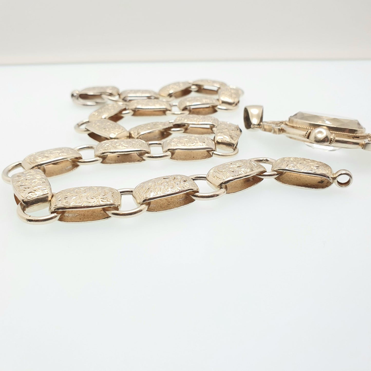 Antique Victorian Solid Silver Bookchain Rock Crystal Necklace Collar Book Chain Quartz Pendant Gold Vermeil Vintage Jewelry Jewellery