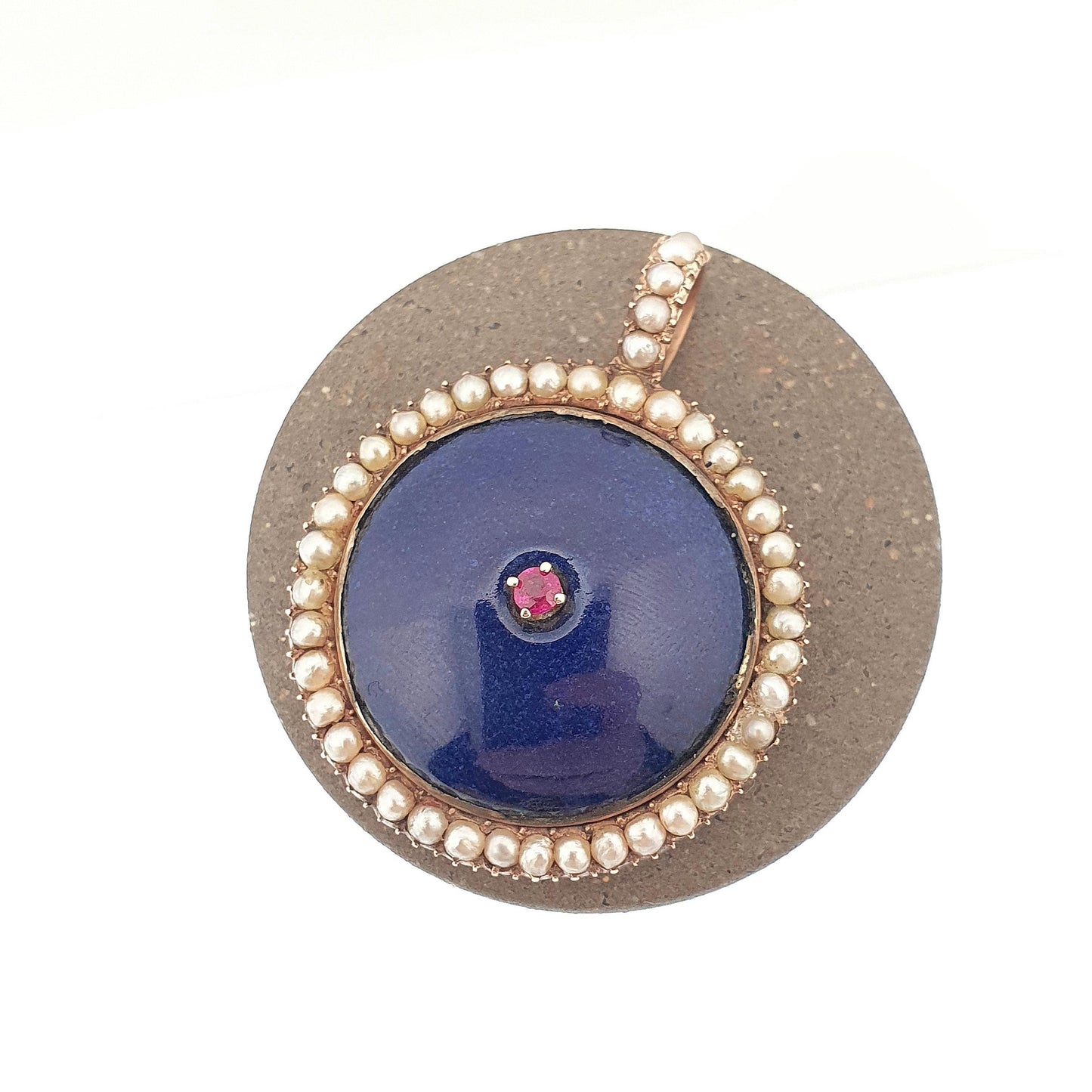 Antique 14k 14kt Gold Ruby Locket Seed Pearl Blue Enamel Victorian Solid Rose Gold 585 Round Circle Vintage Jewelry Jewellery