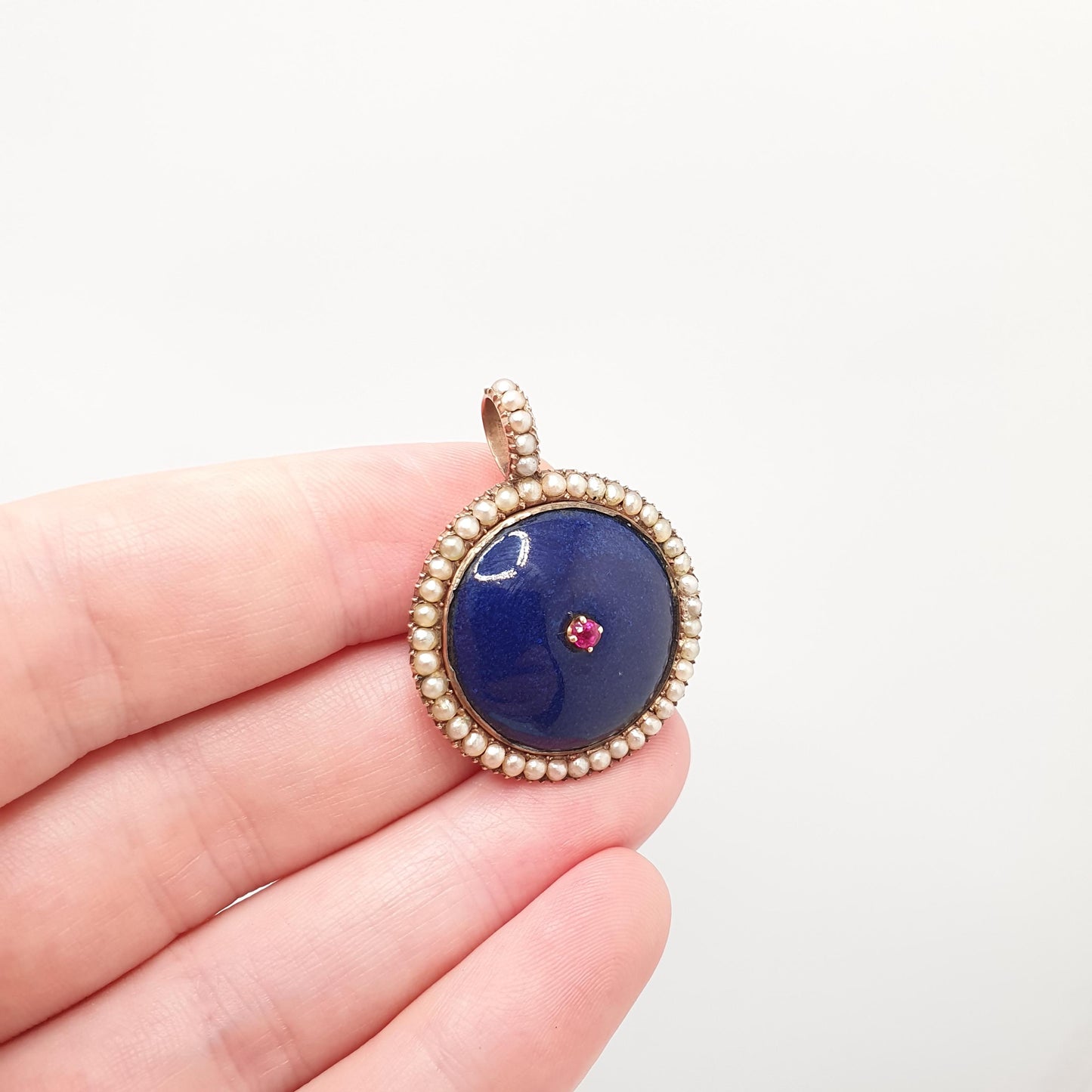 Antique 14k 14kt Gold Ruby Locket Seed Pearl Blue Enamel Victorian Solid Rose Gold 585 Round Circle Vintage Jewelry Jewellery