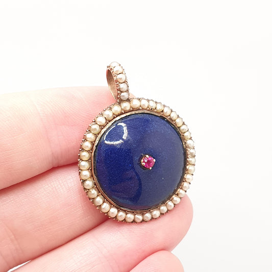 Antique 14k 14kt Gold Ruby Locket Seed Pearl Blue Enamel Victorian Solid Rose Gold 585 Round Circle Vintage Jewelry Jewellery